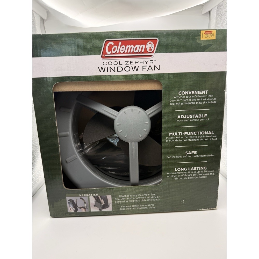 Coleman Cool Zephyr Window Fan - Adjustable 2-Speed Portable Battery-Powered NEW